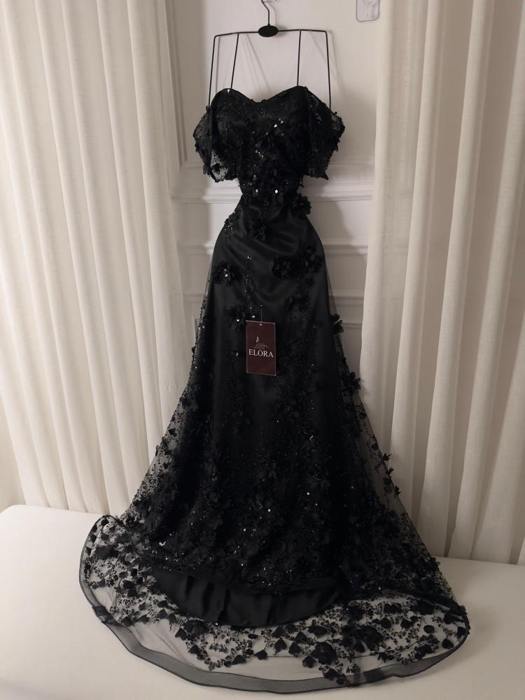 Black dress with flowers off shoulder