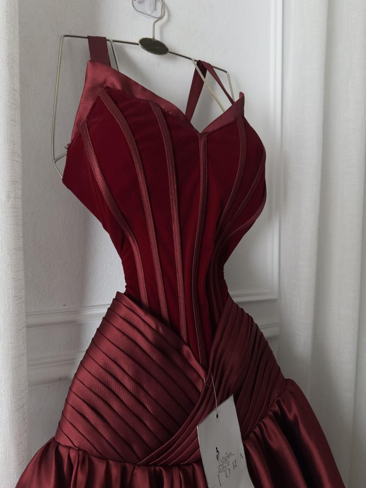 A rose-colored dress made of mikado on velvet flare