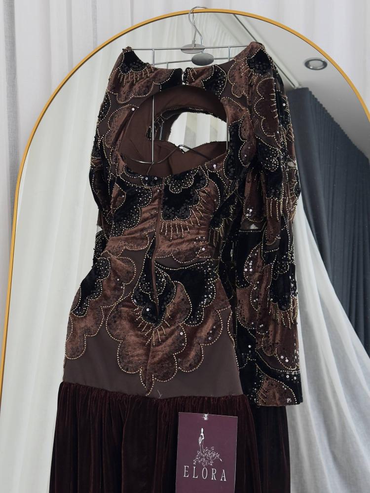 A brown dress with elegant velvet