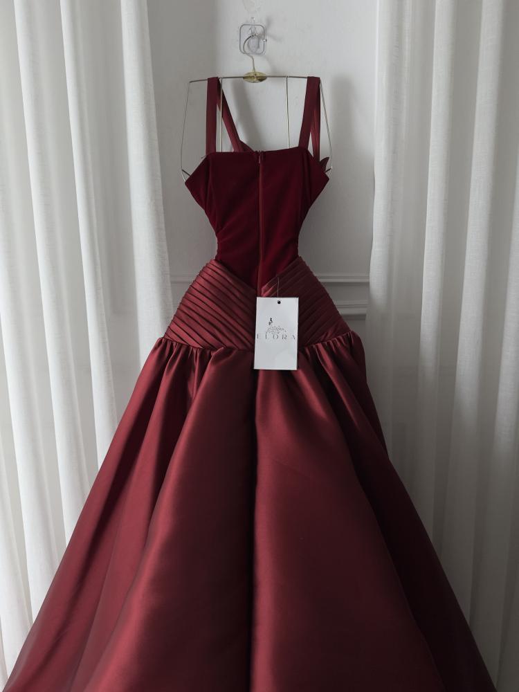 A rose-colored dress made of mikado on velvet flare