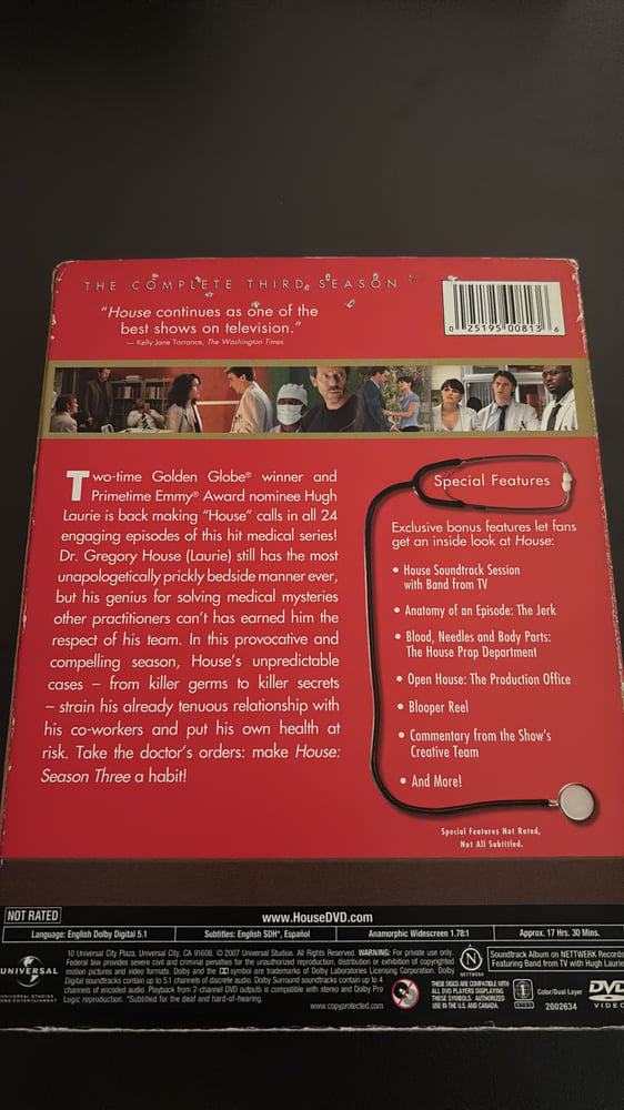 مسلسل هاوس house الجزء الثالث كامل dvd ريجون 1 حالته متوسطه ويوجد خدوش