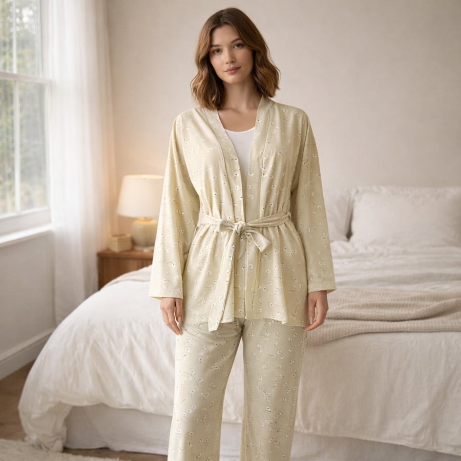 بيجامة حريمى 3 قطع قطن ليكرا مع روب pyjamoda 120006
