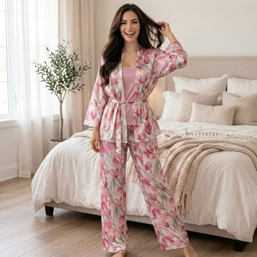 بيجامة ستان حريمى 3 قطع وردى مع روب pyjamoda 120003