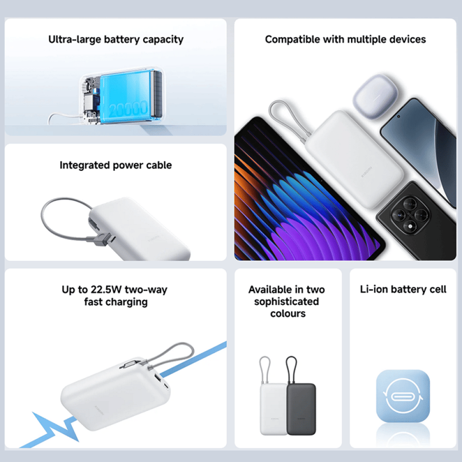 باور بنك شاومي مع سلك مدمج بمنفذ USB-C ومنفذ USB بسعة 20000 مللي أمبير وبقوة 22.5 واط - رمادي