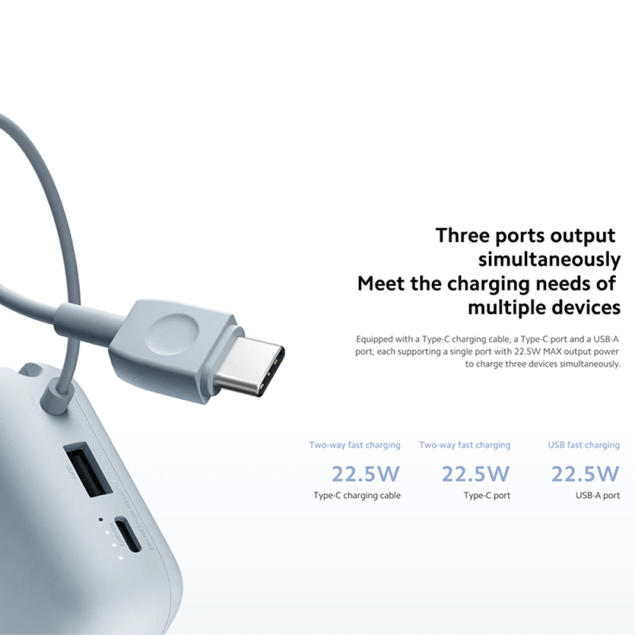 باور بنك شاومي بمنفذ USB ومنفذ USB-C وسلك مدمج USB-C بسعة 10000 مللي أمبير وبقوة 22.5 واط  - أزرق فاتح