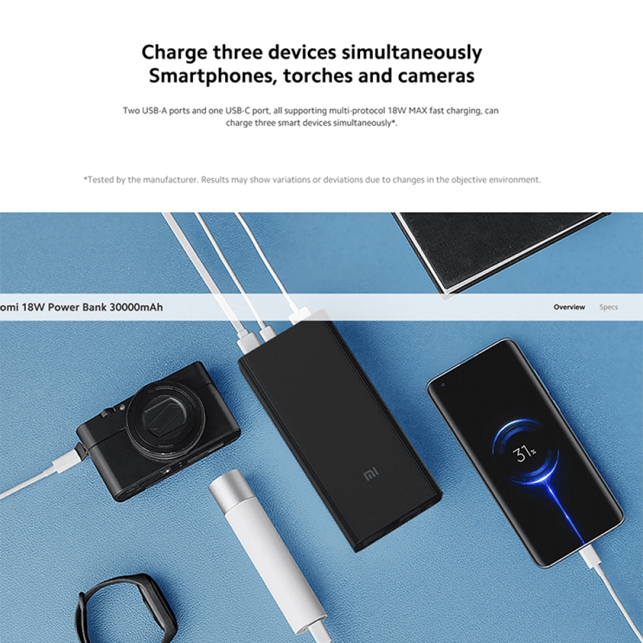 باور بنك شاومي بمنفذين USB ومنفذ USB-C بسعة 30000 مللي أمبير وبقوة 18 واط  - أسود
