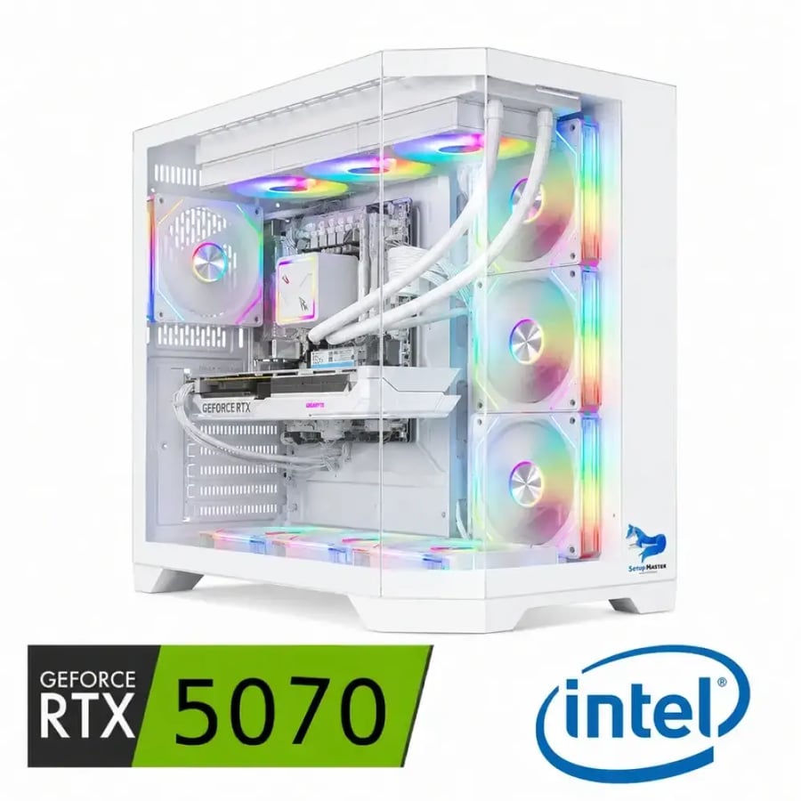 بي سي قيمنق RTX 5070 12GB | معالج i7-14700KF | ذاكرة DDR5 (16GB أو 32GB) | SSD NVMe 1TB | تبريد مائي