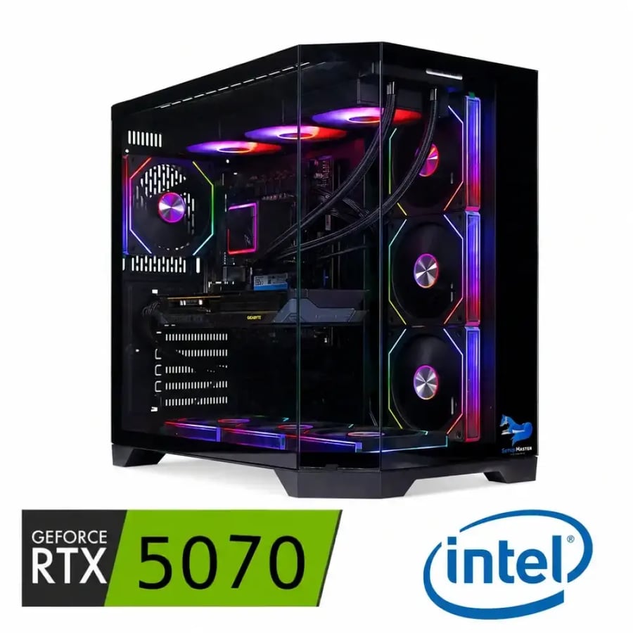 بي سي قيمنق RTX 5070 12GB | معالج i7-14700KF | ذاكرة DDR5 (16GB أو 32GB) | SSD NVMe 1TB | تبريد مائي
