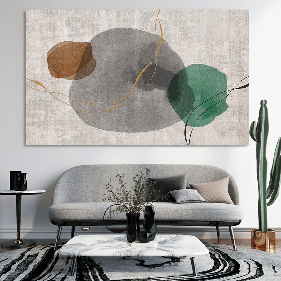 A piece of art with a design of abstract circles and distinctive olive and coral colors