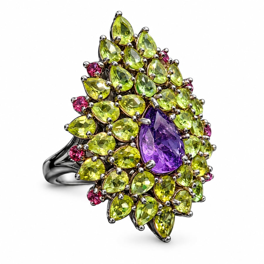 Natural peridot, amethyst, and garnet ring, certified by a laboratory.