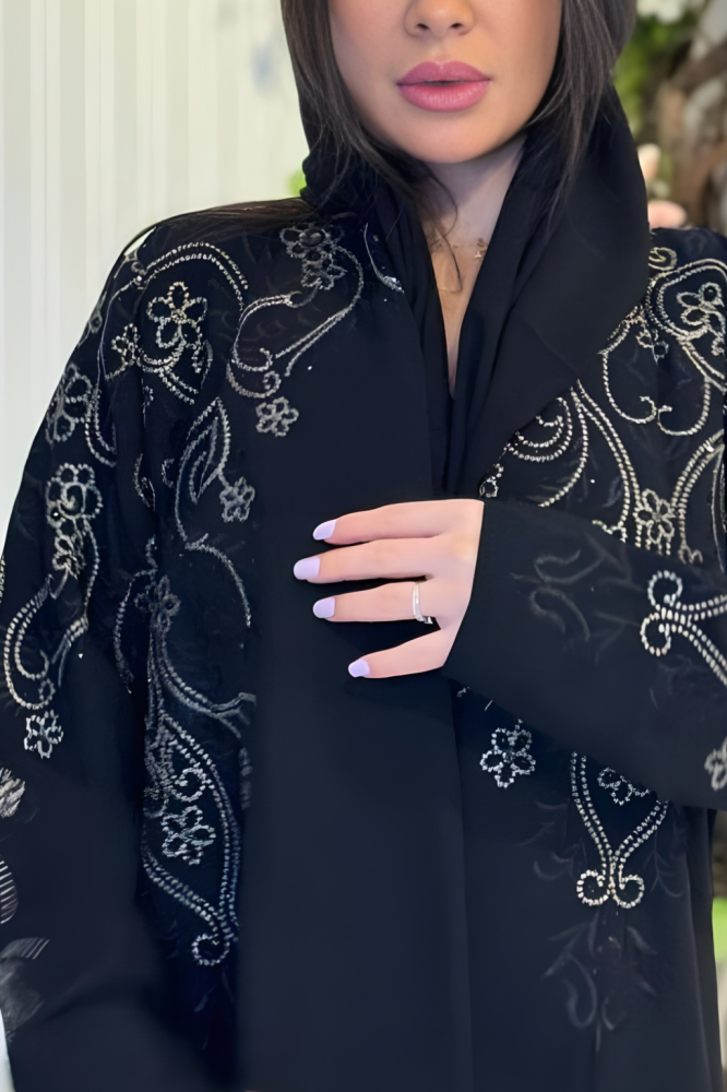 Linen abaya black royal with beige embroidery soft