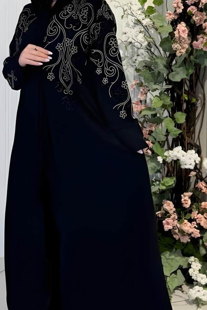 Linen abaya black royal with beige embroidery soft