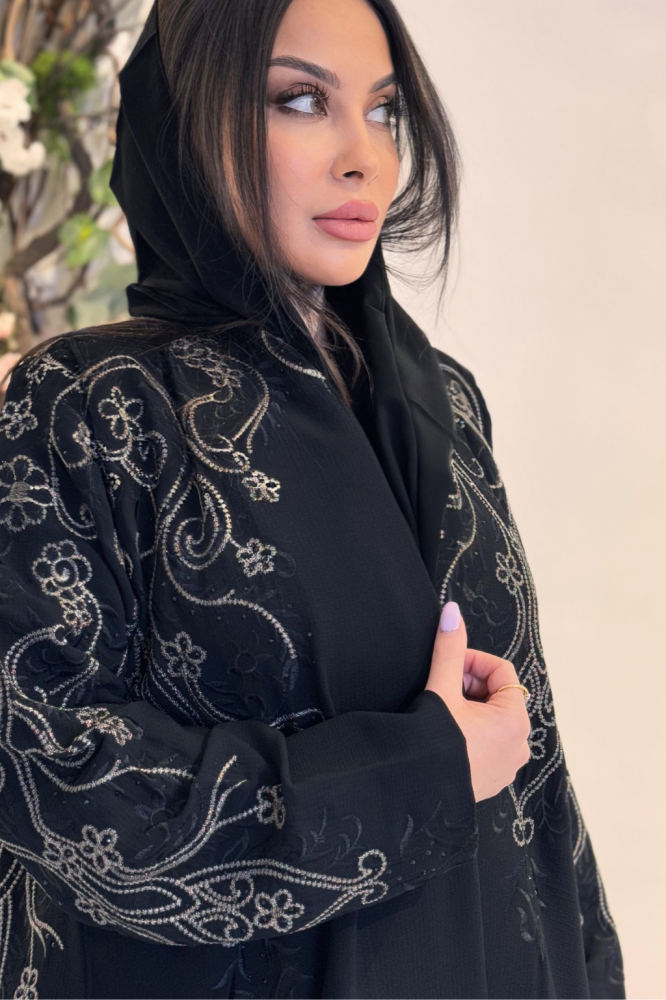 Linen abaya black royal with beige embroidery soft