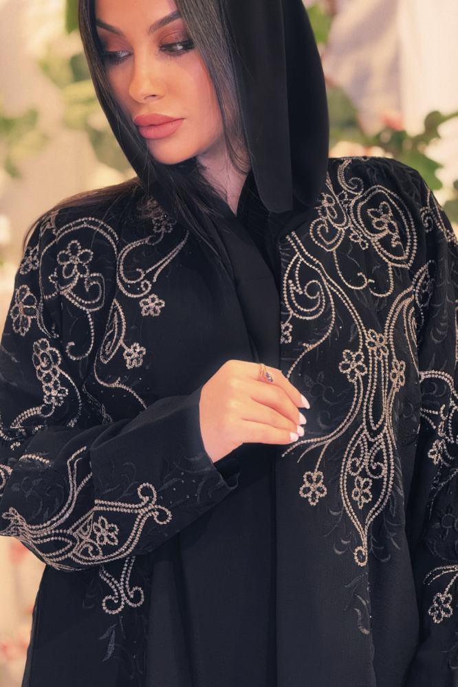 Linen abaya black royal with beige embroidery soft