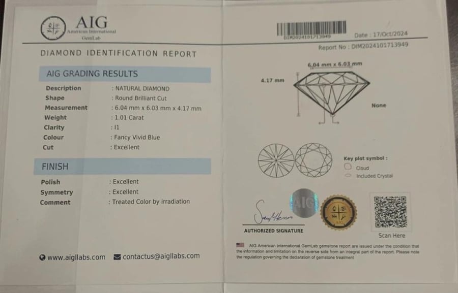 الماس أزرق طبيعي (معالج) 1.01 قيراط