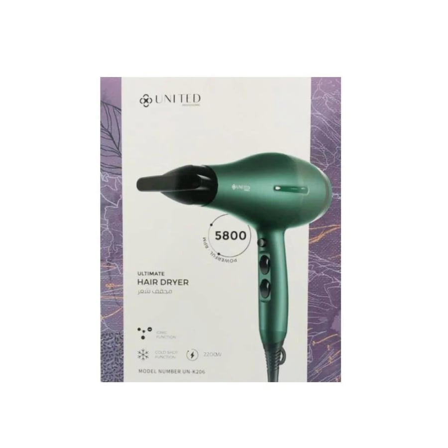 مجفف شعر هوائي لون أخضر 2200 واط من يونايتد UN K206