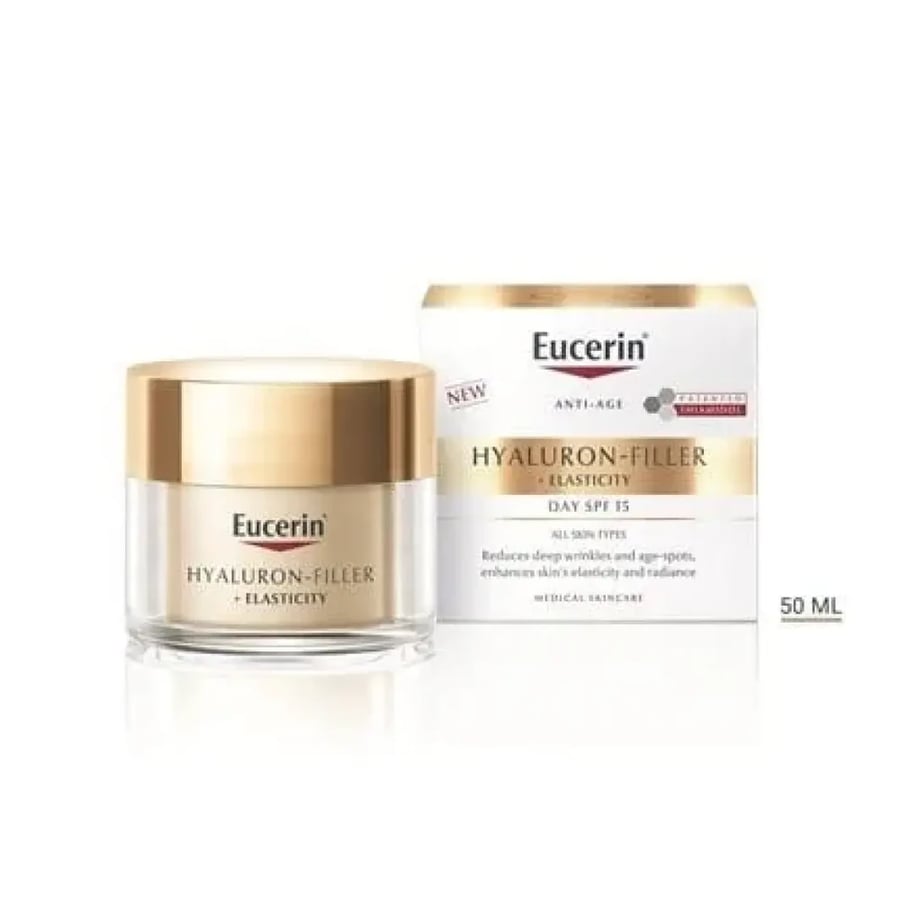 كريم يوسرين هايالرون فيلر + إيلاستيسيتي النهاري المضاد لعلامات الشيخوخة SPF 15 بحجم 50 مل | Eucerin Hyaluron-Filler + Elasticity Anti-Aging Day Cream SPF 15. 50ml