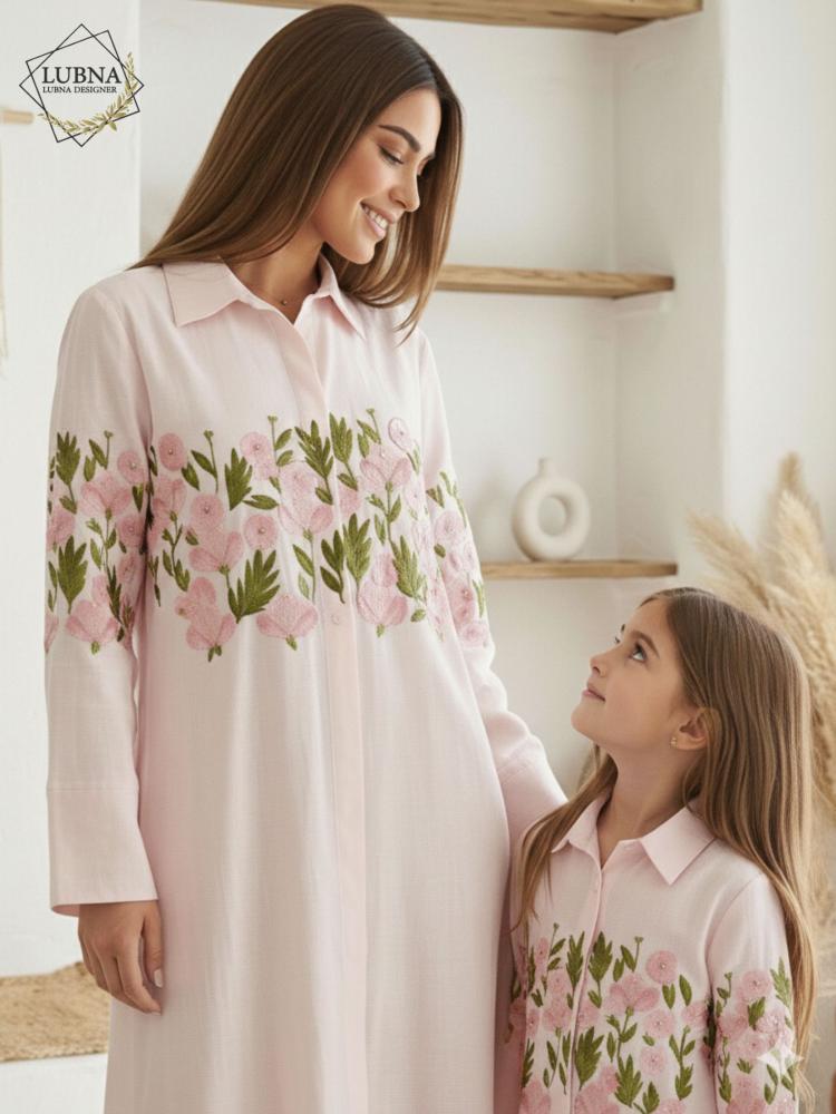 Mother and daughter set, floral embroidery