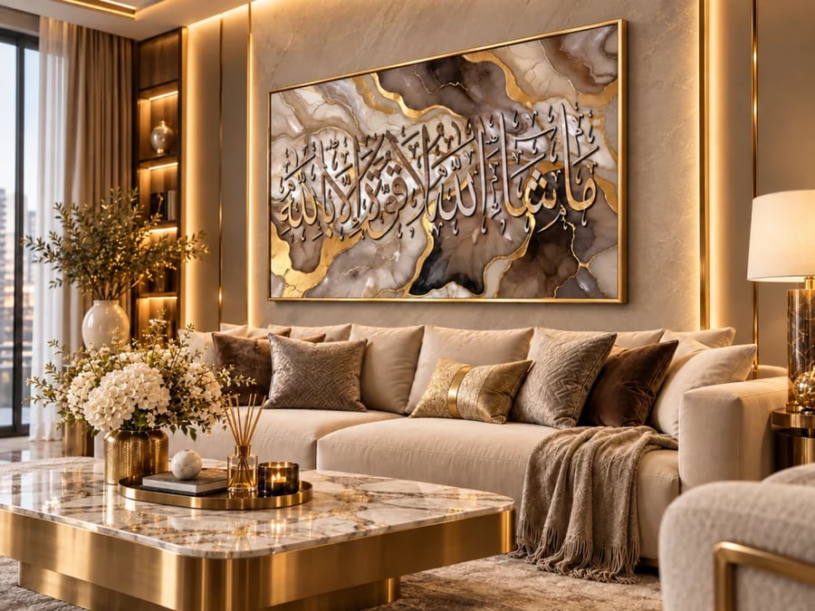 لوحة ما شاء الله لا قوة إلا بالله كانفس فاخرة | خط عربي رخامي ذهبي A1564
