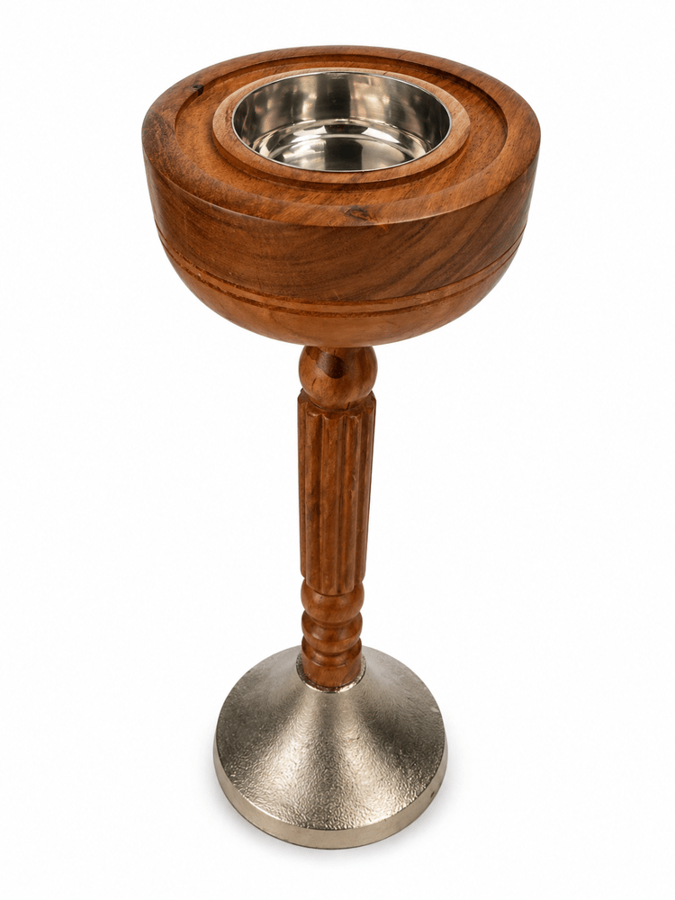 Wooden incense holder in the middle with a silver base