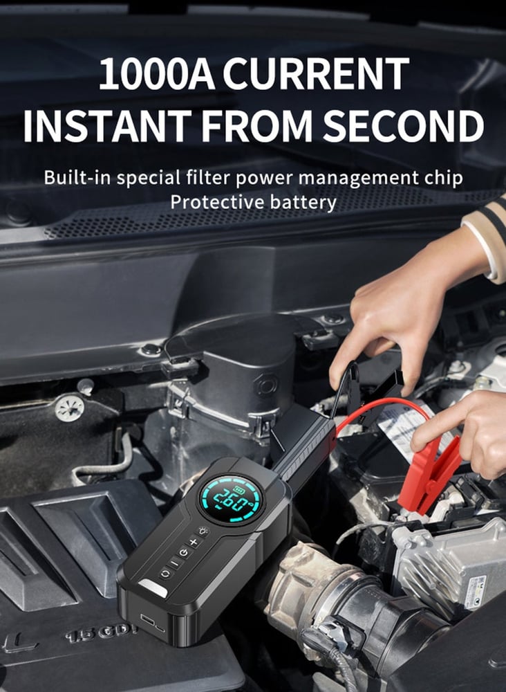 jump Starter مع ضاغط هواء 1000A 12V 150PSI 29.6Wh بطارية السيارة Jump Starter 3.0L الغاز والديزل Smart Jumper مع شاشة عرض وإضاءة الطوارئ
