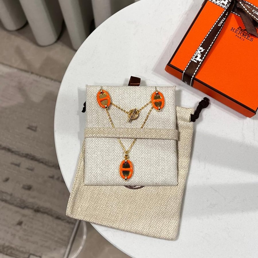 سلسال + حلق hermes ذهبي - برتقالي
