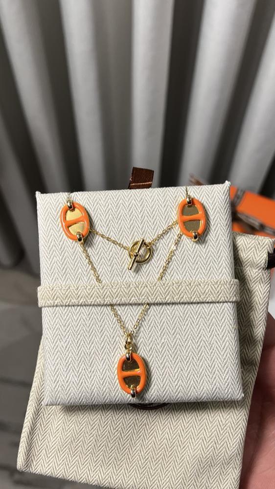 سلسال + حلق hermes ذهبي - برتقالي