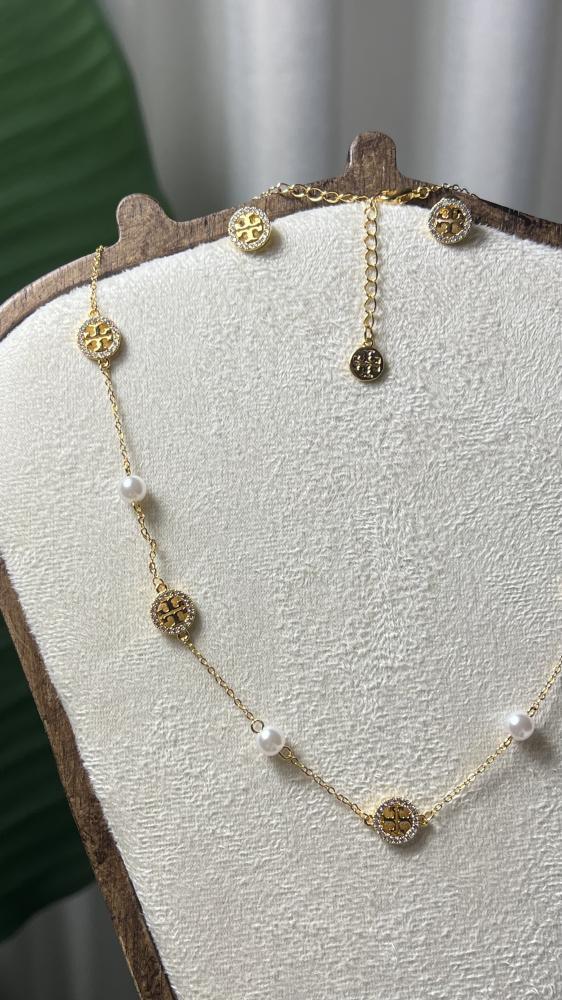 سلسال + حلق TORY BURCH معدن ذهبي - فضي لؤلؤ