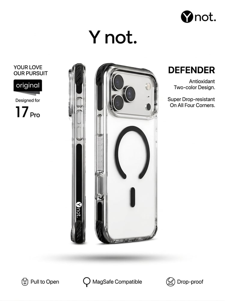 كفر Ynot Defender MagSafe Case لـ IP 17 Pro – كفر حماية شفاف مغناطيسي
