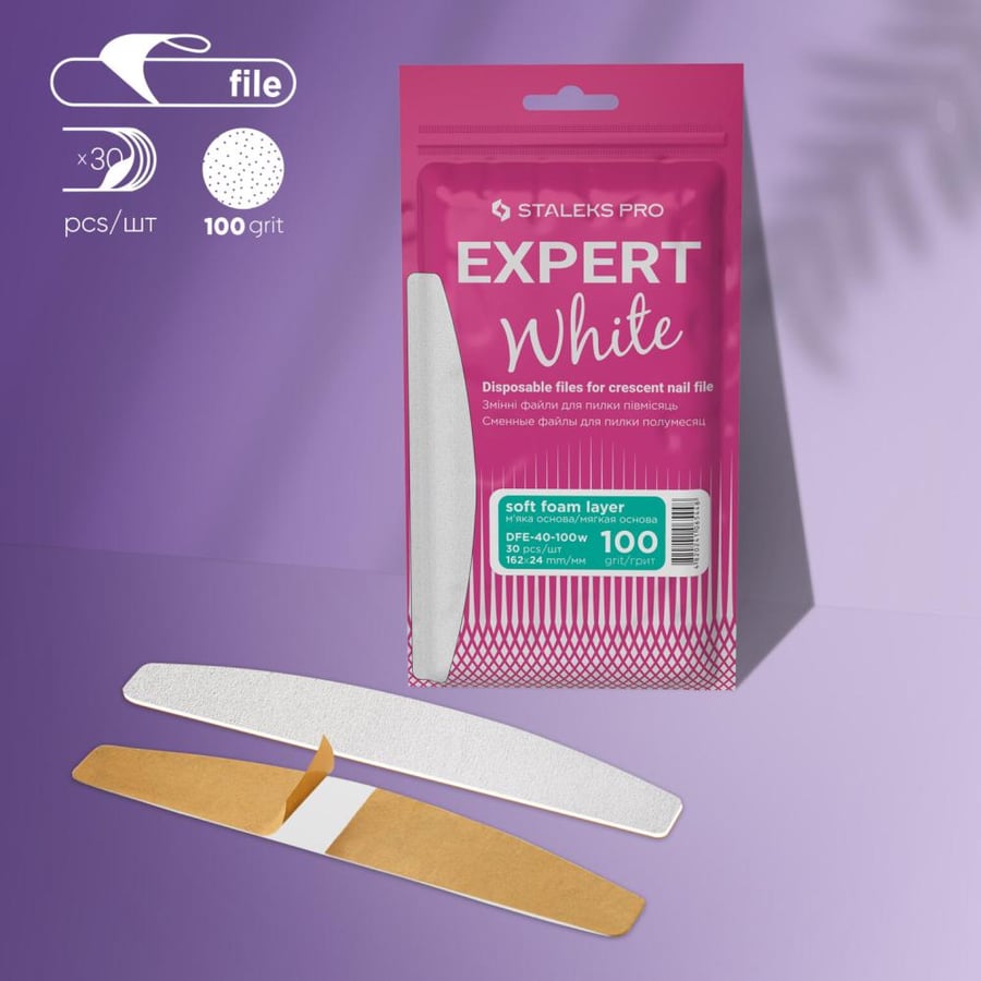 Disposable white files for crescent nail file on a soft foam layer EXPERT 40 100 grit (30 pcs)