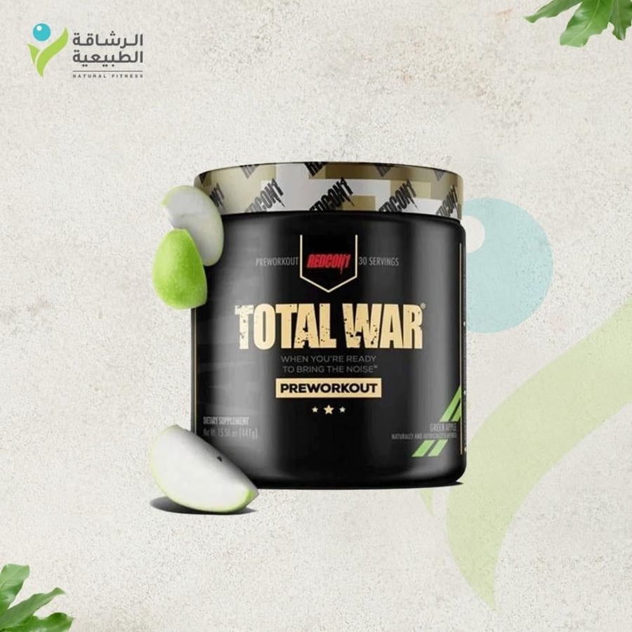 توتال وور مكمل غذائي بري وورك اوت من ريدكون1 نكهة تفاح أخضر – يحتوي على سيترولين، كافيين، بيتا ألانين لتعزيز النشاط والضخ العضلي يدوم لساعتين ونصف