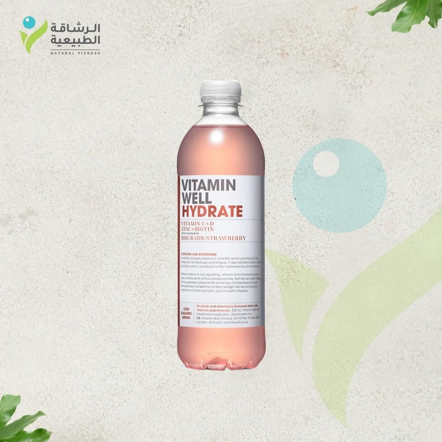 Vitamin Well Hydrate drink – Rhubarb and strawberry flavor – 500 ml, low-calorie drink rich in vitamins and minerals