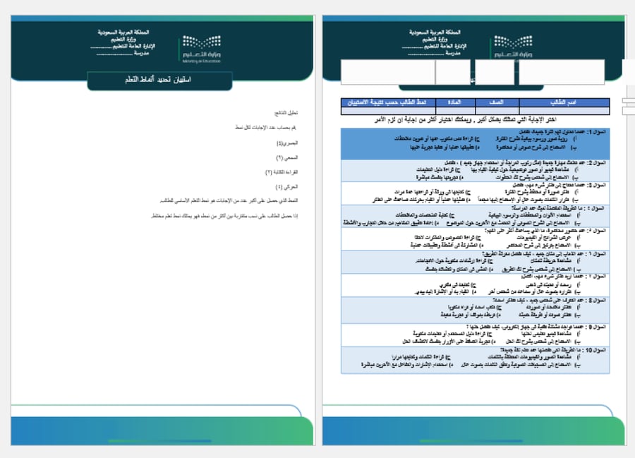‏‏‏‏‏‏تقرير تصنيف الطلاب وفق أنماط التعلم شامل الاستبيان وقائمة بأسماء الطلاب وتصنيفهم