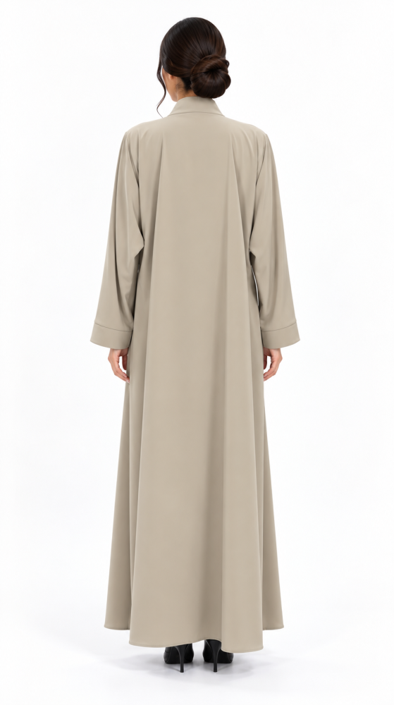 عباية من قماش الكريب باللون البيج، بتصميم سادة وناعم  - OS778