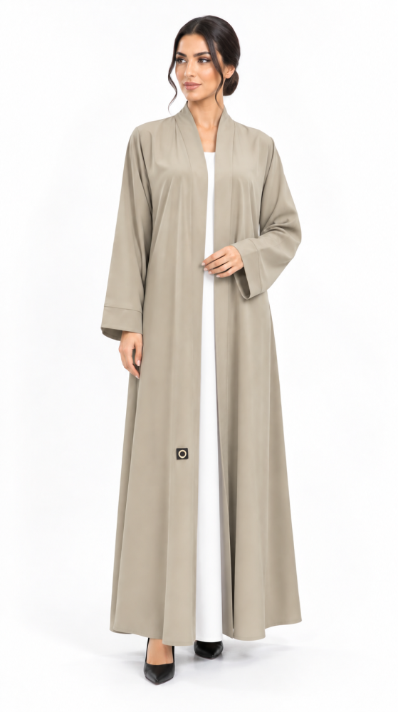 عباية من قماش الكريب باللون البيج، بتصميم سادة وناعم  - OS778