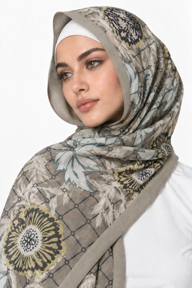 طرحة زهري تاوب رمادي بنقشة زيتي- TJ9