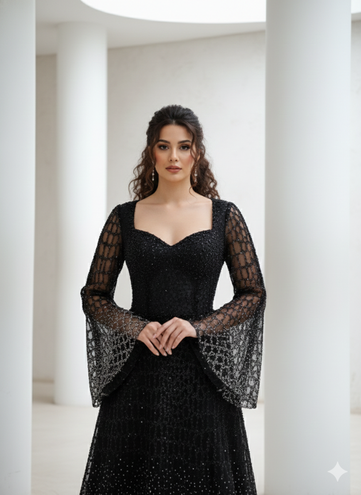 فستان سهرة كم طويل انسيابي - 915