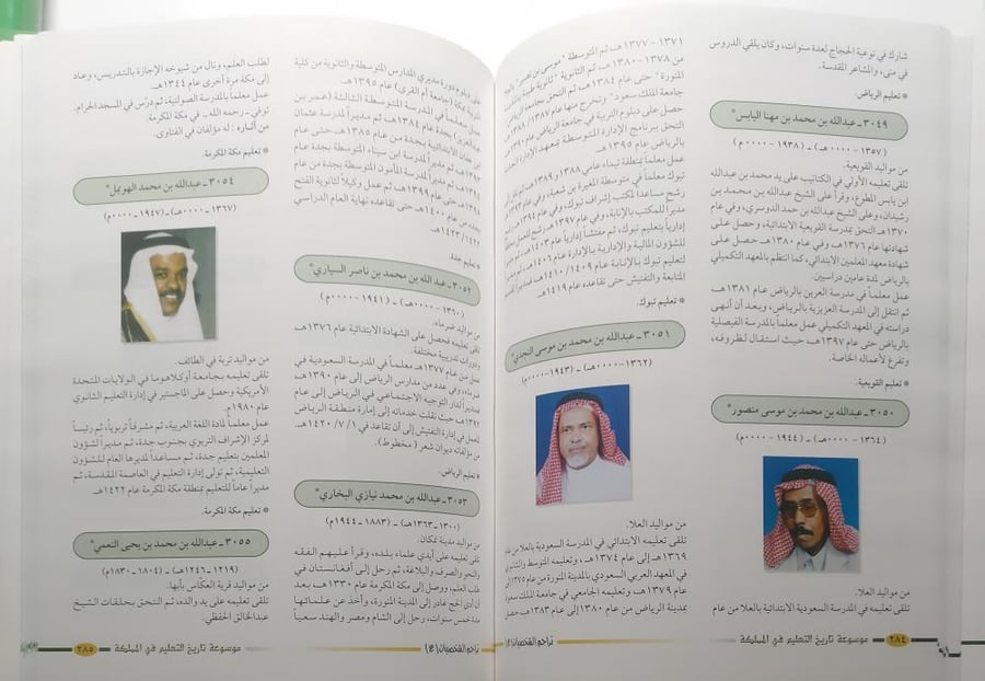 موسوعة تاريخ التعليم في المملكة العربية السعودية في مائة عام - 6 اجزاء ( مجلدات ) من اصدار وزارة المعارف عام 1423ه/2003م بها سيرة وصور لأكثر من 5000 شخصية من منسوبي التعليم في مختلف مناطق المملكة . طباعة فاخرة