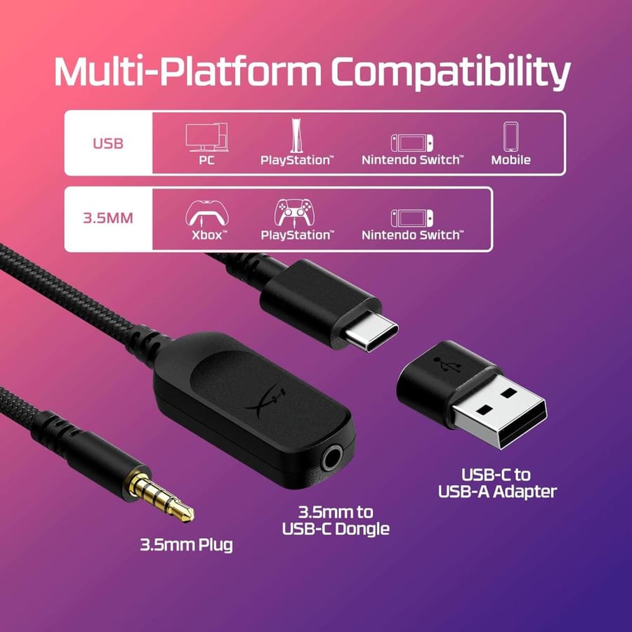 سماعة رأس سلكية للألعاب HyperX Cloud III، كمبيوتر شخصي، PS5، Xbox Series XS، مشغلات بزاوية 53 مم، DTS، إسفنج ميموري، إطار متين، ميكروفون فائق الوضوح 10 مم، USB-C، USB-A، 3.5 مم، أسود/أحمر