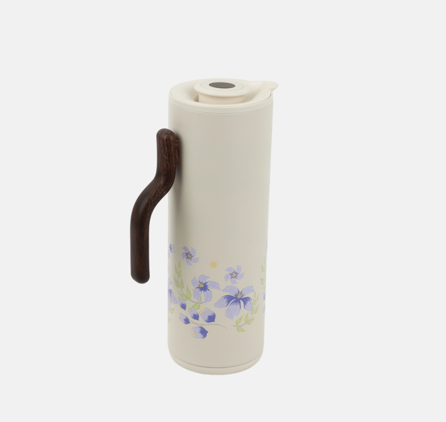 Sugar tea thermos with purple flowers and brown handle, 1 liter