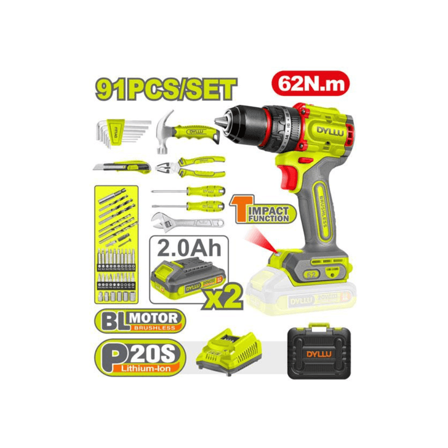 طقم أدوات DYLLU 91 قطعة مع دريل مطرقي براشلس 20V – DTDT4B91