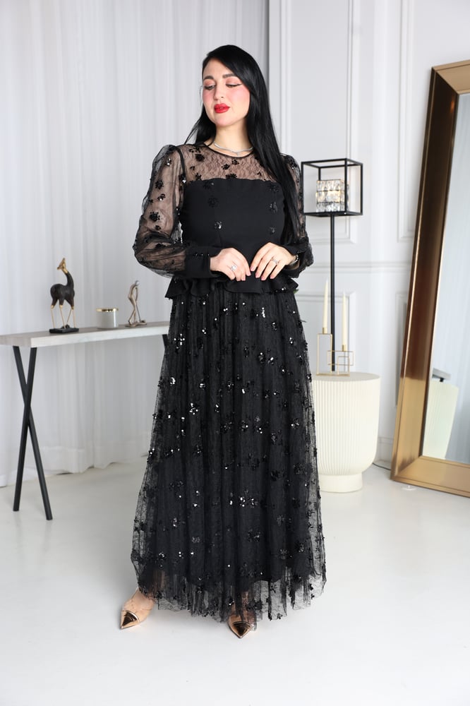 Long black evening dress, elegant, embroidered with shiny design
