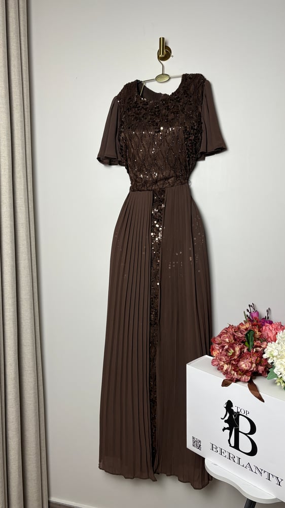 Evening dress beige embroidered with sequins with double pleated skirt