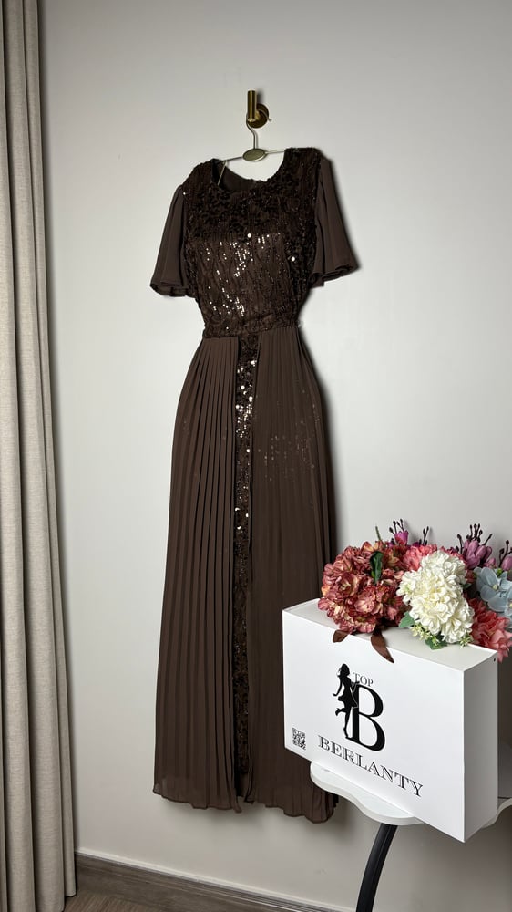 Evening dress beige embroidered with sequins with double pleated skirt