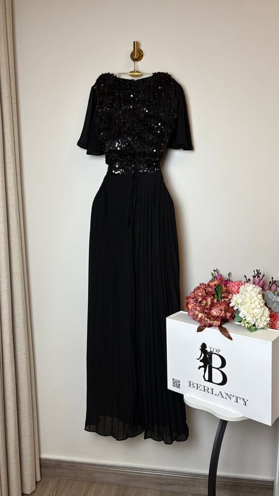 Evening dress beige embroidered with sequins with double pleated skirt