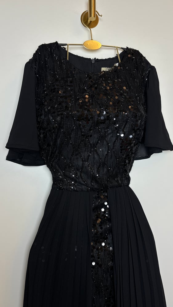 Evening dress beige embroidered with sequins with double pleated skirt