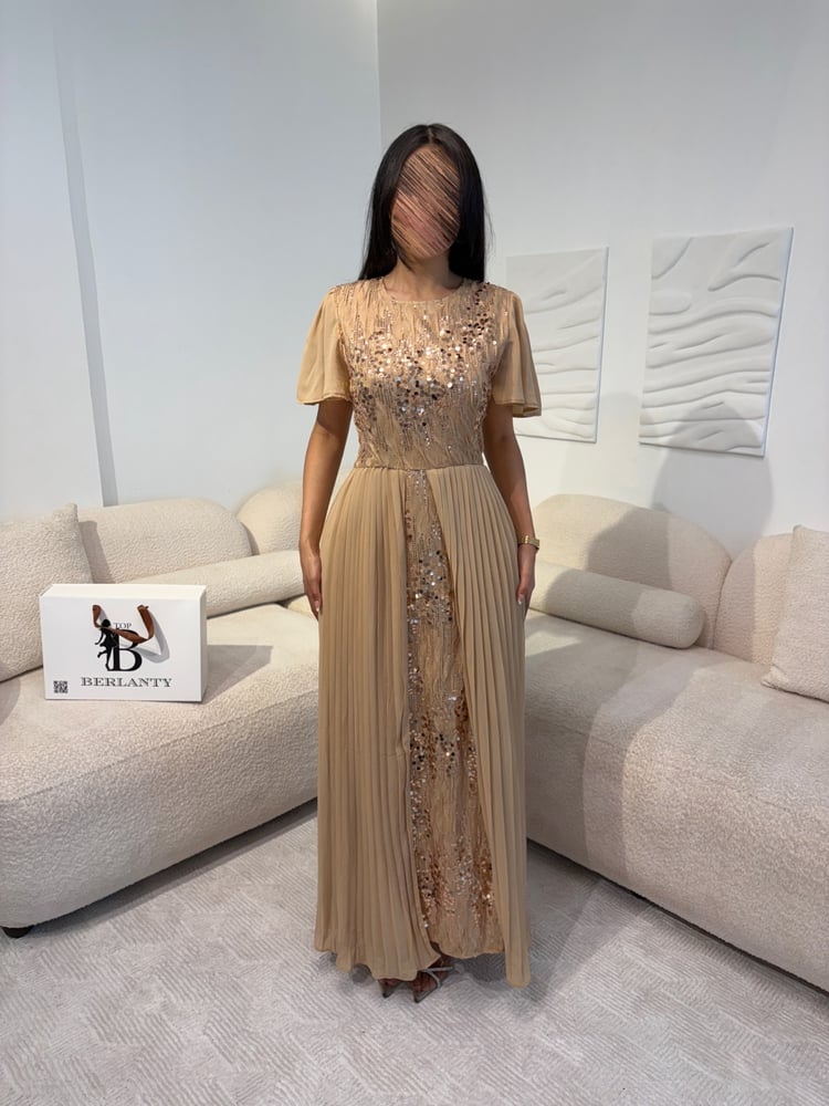Evening dress beige embroidered with sequins with double pleated skirt