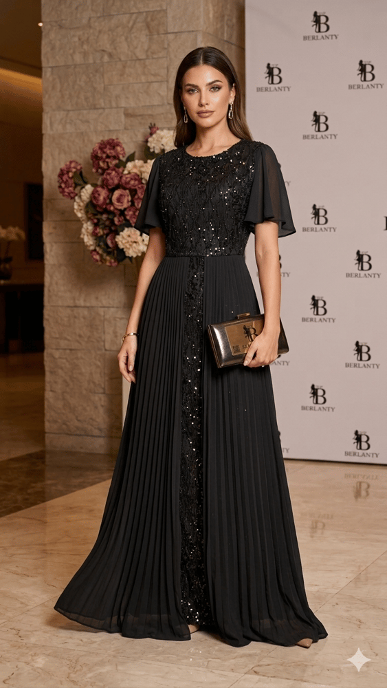 Evening dress beige embroidered with sequins with double pleated skirt