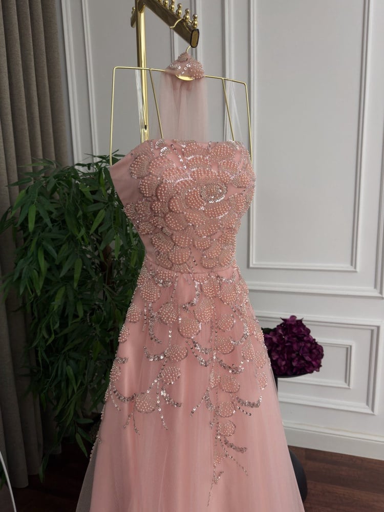 Pink "Rose Belle" dress - elegance encrusted with pearls