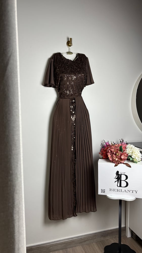 Evening dress beige embroidered with sequins with double pleated skirt